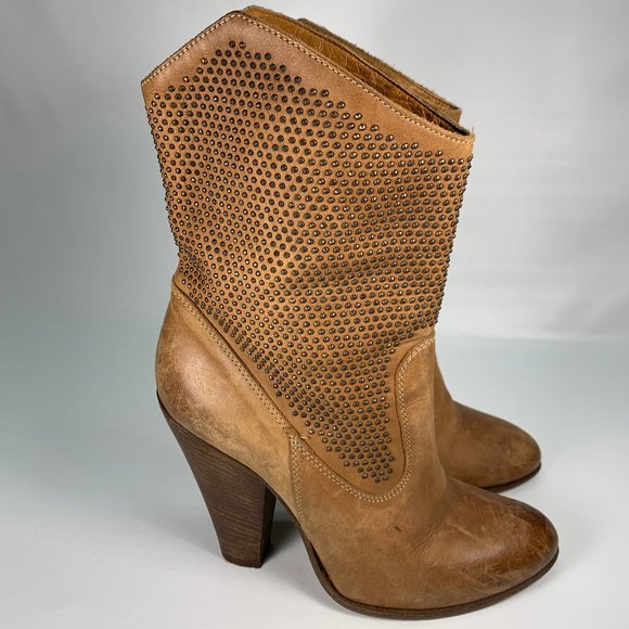 Barneys New York Shoes - Barney's New York CO-OP Tan Brown Distressed Leather Studded Heeled Boots 36.5